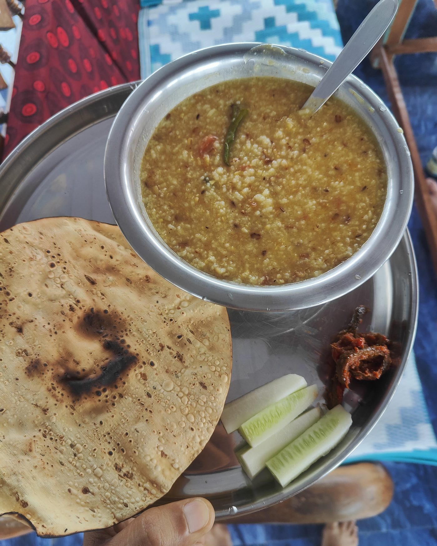Lunch on a steel thali, eaten on the balcony.