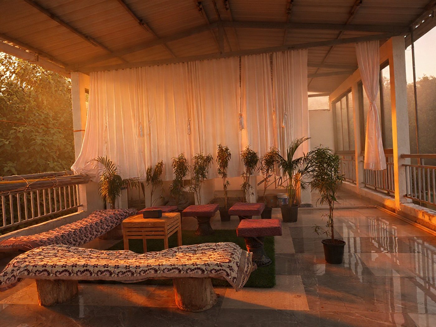 The terrace at golden hour, ready for an evening class